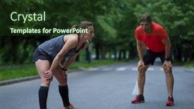  Presentation with team training - Amazing slide deck having healthy runners team warming up and stretching in city park before morning training backdrop and a tawny brown colored foreground