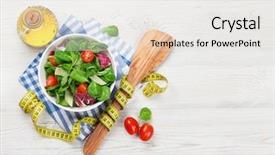  Presentation with empty of wood table top - Beautiful PPT layouts featuring healthy salad bowl on wooden backdrop and a sky blue colored foreground