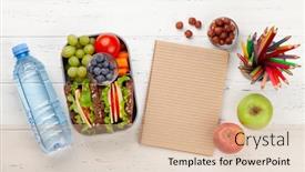  Presentation with text box - Beautiful PPT theme featuring healthy-school-lunch-box backdrop and a coral colored foreground