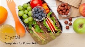  Presentation with healthy school lunch - Colorful PPT theme enhanced with healthy-school-lunch-box backdrop and a yellow colored foreground