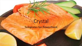  Presentation with white healthy food - PPT layouts having healthy sea food grilled salmon on iron pan over wooden plate with lemon avocado and tomatoes isolated on white background background and a gold colored foreground