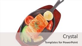  Presentation with white healthy food - Beautiful presentation design featuring healthy sea food grilled salmon on iron pan over wooden plate with lemon avocado and tomatoes isolated on white background backdrop and a lemonade colored foreground