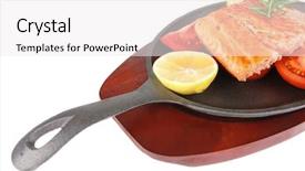  Presentation with white healthy food - Slide set featuring healthy sea food grilled salmon on iron pan over wooden plate with lemon avocado and tomatoes isolated on white background background and a white colored foreground