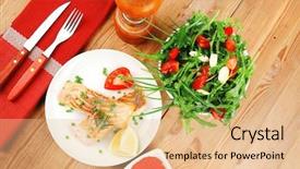  Presentation with cutlery food - Cool new presentation with healthy sea food roasted pink salmon fillet with vegetable salad chives lemon red caviar in white bowl with pepper in grinder and cutlery on white dish over wooden table backdrop and a lemonade colored foreground