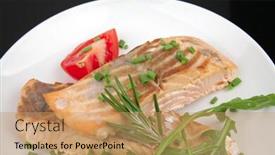 Presentation with salmon dish - Amazing theme having healthy sea food roasted pink salmon fillet garnished with rocula and tomatoes on white dish isolated over black background backdrop and a coral colored foreground