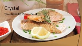  Presentation with cutlery food - Cool new presentation design with healthy sea food roasted pink salmon fillet with vegetable salad chives lemon red caviar in white bowl with pepper in grinder and cutlery on white dish over wooden table backdrop and a coral colored foreground