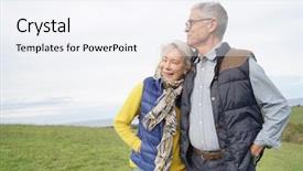  Presentation with granddaughter walking senior - Slide set consisting of healthy senior couple on countryside background and a sky blue colored foreground