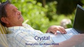  Presentation with 70s - PPT layouts consisting of healthy senior man is his elderly 70s sitting outdoor in garden at home and using laptop computer to browse internet background and a lemonade colored foreground