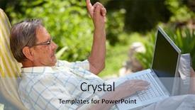  Presentation with 70s - Presentation theme featuring healthy senior man is his elderly 70s sitting outdoor in garden at home and using laptop computer to browse internet background and a light blue colored foreground