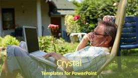  Presentation with 70s - Audience pleasing presentation theme consisting of healthy senior man is his elderly 70s sitting outdoor in garden at home and using laptop computer to browse internet backdrop and a tawny brown colored foreground