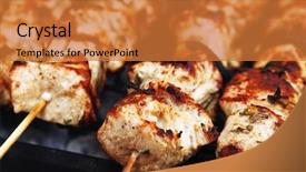  Presentation with bbq chicken - Amazing presentation theme having healthy shish kebab - grilled bbq chicken turkish meat on skewers over charcoal brazier outdoor backdrop and a gold colored foreground