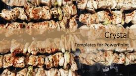  Presentation with bbq chicken - Colorful slide set enhanced with healthy shish kebab - grilled bbq chicken turkish meat on skewers over charcoal brazier outdoor backdrop and a coral colored foreground