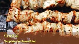  Presentation with charcoal - Audience pleasing presentation consisting of healthy shish kebab - ready grill barbecue chicken turkish meat on skewers over charcoal brazier outdoor backdrop and a tawny brown colored foreground