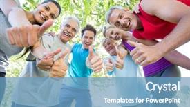  Presentation with group - Slides featuring healthy slim - happy athletic group with thumbs background and a  colored foreground
