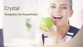  Presentation with green apple - Amazing PPT layouts having healthy smiling woman with green backdrop and a sky blue colored foreground