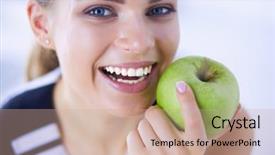  Presentation with healthy green food habit - Presentation theme with healthy smiling woman with green background and a coral colored foreground