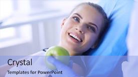 Presentation with green apple - Beautiful PPT layouts featuring healthy smiling woman with green backdrop and a light blue colored foreground