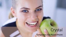  Presentation with green apple - Audience pleasing PPT layouts consisting of healthy smiling woman with green backdrop and a coral colored foreground