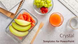  Presentation with healthy workplace - Slide set having healthy-snack-at-office-workplace background and a soft green colored foreground