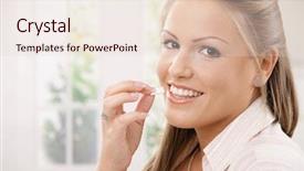  Presentation with chewing gum - Presentation design having healthy student - beautiful young woman eating chewing background and a lemonade colored foreground