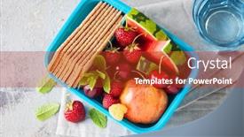  Presentation with healthy drink - Beautiful presentation theme featuring healthy-summer-lunch-box-food backdrop and a crimson colored foreground