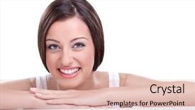  Presentation with young business woman smile show - Colorful slide deck enhanced with healthy teeth - smiling young woman with clear backdrop and a lemonade colored foreground