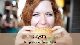  Presentation with hamburger - Beautiful slides featuring healthy unhealthy food - beauty woman in cafe eating backdrop and a coral colored foreground