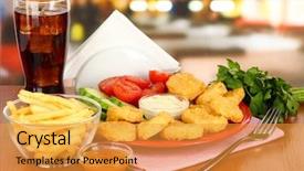  Presentation with nuggets food - Slide deck featuring healthy unhealthy food - fried chicken nuggets with vegetables background and a gold colored foreground