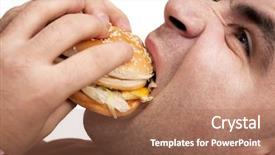  Presentation with hamburger - Presentation theme having healthy unhealthy food - man eating hamburger over white background and a coral colored foreground