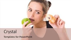  Presentation with decision - Theme with healthy unhealthy food - young attractive woman makes decision background and a coral colored foreground