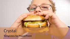  Presentation with hamburger - Beautiful presentation theme featuring healthy unhealthy food - young fat school boy eating backdrop and a gold colored foreground