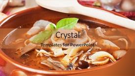 Presentation with healthy soup - Cool new slides with healthy vegetarian clear mushroom soup with basil and noodles backdrop and a gold colored foreground