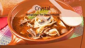  Presentation with healthy soup - Audience pleasing theme consisting of healthy vegetarian mushroom and noodle thick soup backdrop and a red colored foreground