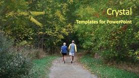  Presentation with older couple - Audience pleasing theme consisting of healthy walking - older couple strolling in park backdrop and a tawny brown colored foreground