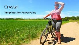  Presentation with an active nerve cell - Theme having healthy way life - overweight woman and bicycle active background and a light blue colored foreground