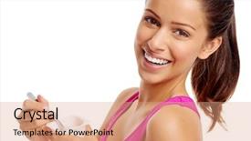  Presentation with healthy eating - Presentation theme having healthy woman eating yoghurt isolated background and a coral colored foreground