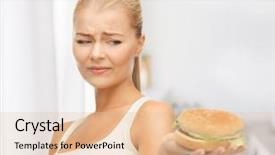  Presentation with healthy food college - Beautiful PPT theme featuring healthy woman rejecting junk food backdrop and a lemonade colored foreground