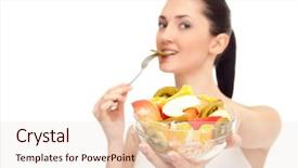  Presentation with healthy food process - Colorful presentation theme enhanced with healthy woman showing healthy food backdrop and a sky blue colored foreground