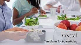  Presentation with people enjoying - Presentation theme consisting of healthy work - business people enjoying sushi background and a light gray colored foreground