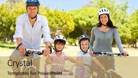  Presentation with work family - Audience pleasing PPT theme consisting of healthy work - family with their bikes backdrop and a  colored foreground
