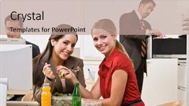  Presentation with healthy workplace - Slides with healthy workplace - businesswomen eating salad for lunch background and a coral colored foreground