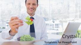  Presentation with salad - Audience pleasing PPT theme consisting of healthy workplace - smiling businessman eating a salad backdrop and a light blue colored foreground