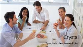  Presentation with healthy workplace - PPT theme having healthy workplace - workers laugh while eating sandwiches background and a coral colored foreground