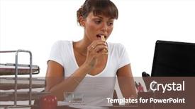  Presentation with secretary - Presentation theme enhanced with healthy workplace - young secretary having a snack background and a violet colored foreground