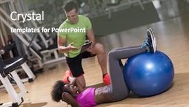  Presentation with exercise trainer - Audience pleasing slides consisting of healthy young couple exercise in gym pilates workout with personal trainer backdrop and a gray colored foreground