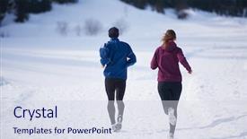  Presentation with snow day - Presentation theme consisting of healthy young couple jogging outside on snow in forest athlete running on beautiful sunny winter day background and a sky blue colored foreground
