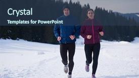  Presentation with snow day - Colorful slides enhanced with healthy young couple jogging outside on snow in forest athlete running on beautiful sunny winter day backdrop and a ocean colored foreground