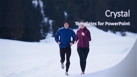  Presentation with snow day - Amazing slide deck having healthy young couple jogging outside on snow in forest athlete running on beautiful sunny winter day backdrop and a navy blue colored foreground
