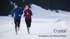 Presentation with snow day - Slide deck having healthy young couple jogging outside on snow in forest athlete running on beautiful sunny winter day background and a sky blue colored foreground