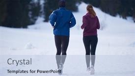  Presentation with snow day - Slide set featuring healthy young couple jogging outside on snow in forest athlete running on beautiful sunny winter day background and a light blue colored foreground